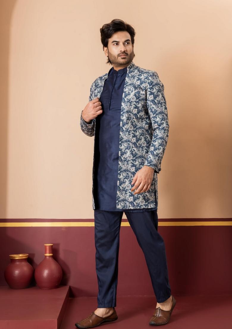 Green Embroidery Jacquard Sherwani Set For Men - Indya