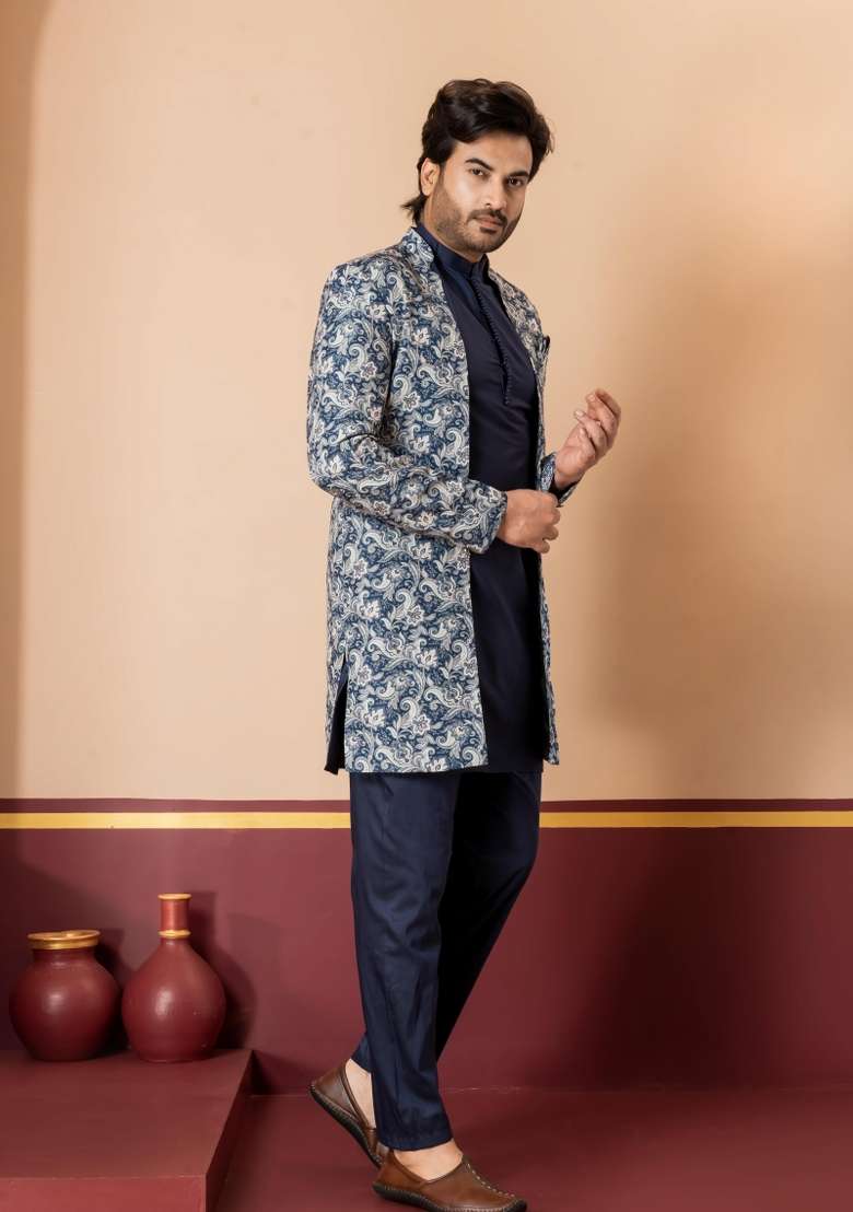 Green Embroidery Jacquard Sherwani Set For Men - Indya