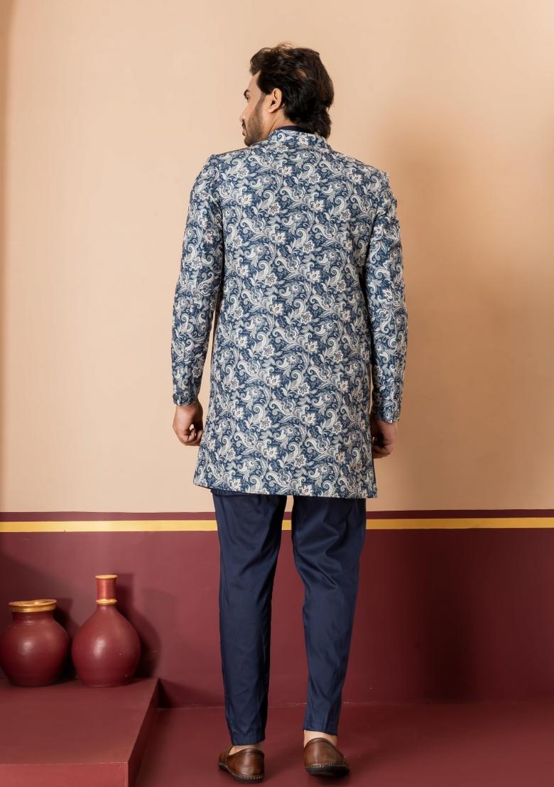 Green Embroidery Jacquard Sherwani Set For Men - Indya