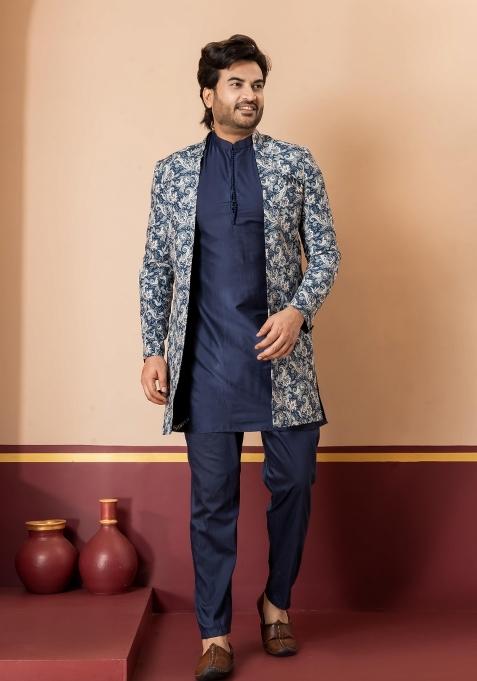Green Embroidery Jacquard Sherwani Set For Men