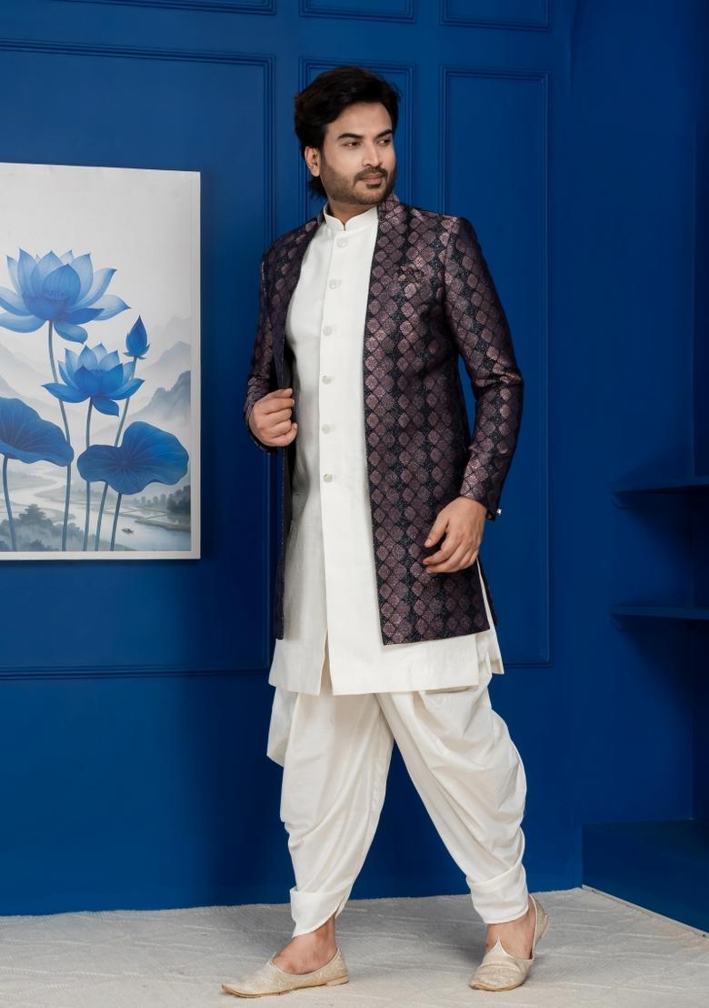 White Embroidery Jacquard Sherwani Set For Men - Indya