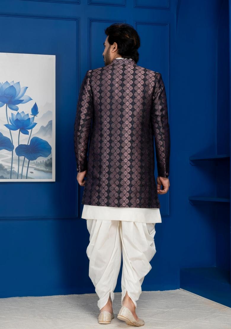 White Embroidery Jacquard Sherwani Set For Men - Indya