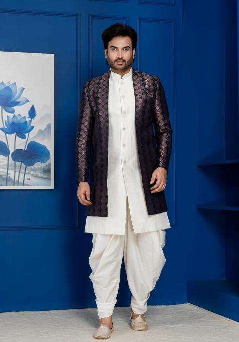 White Embroidery Jacquard Sherwani Set For Men