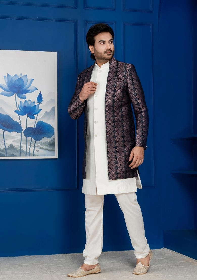 White Embroidery Jacquard Sherwani Set For Men - Indya