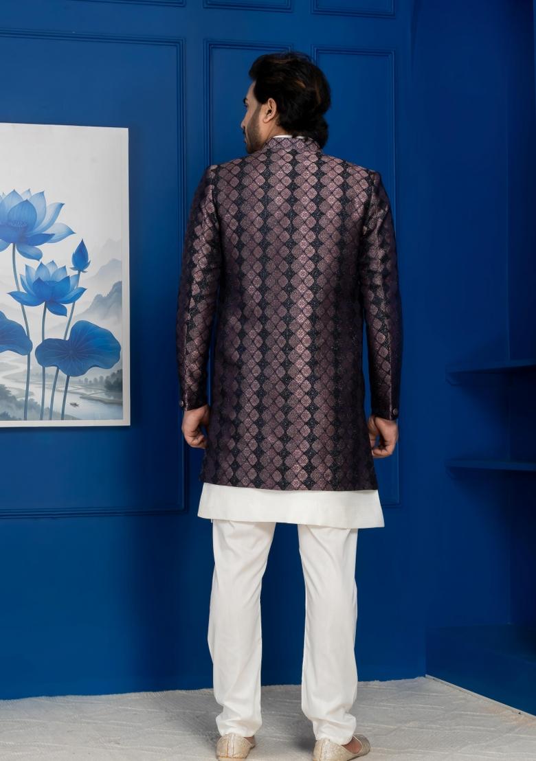 White Embroidery Jacquard Sherwani Set For Men - Indya