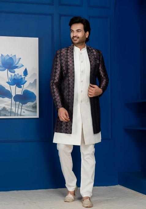 White Embroidery Jacquard Sherwani Set For Men