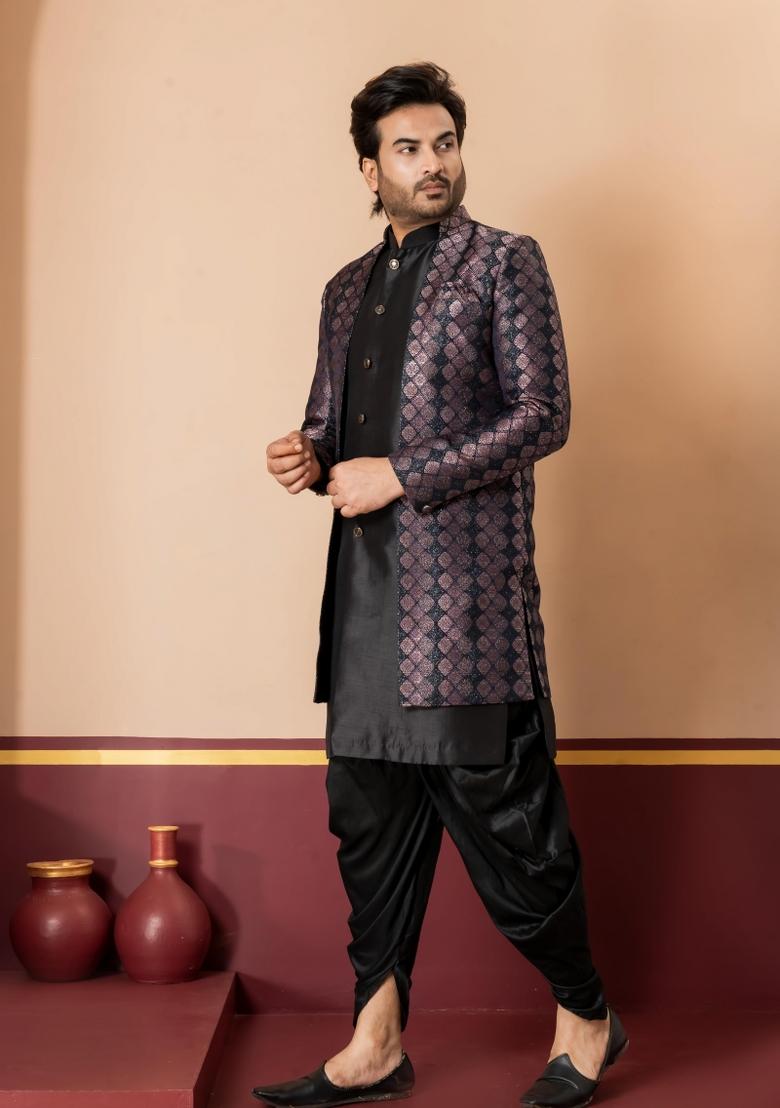 Black Embroidery Jacquard Sherwani Set For Men - Indya