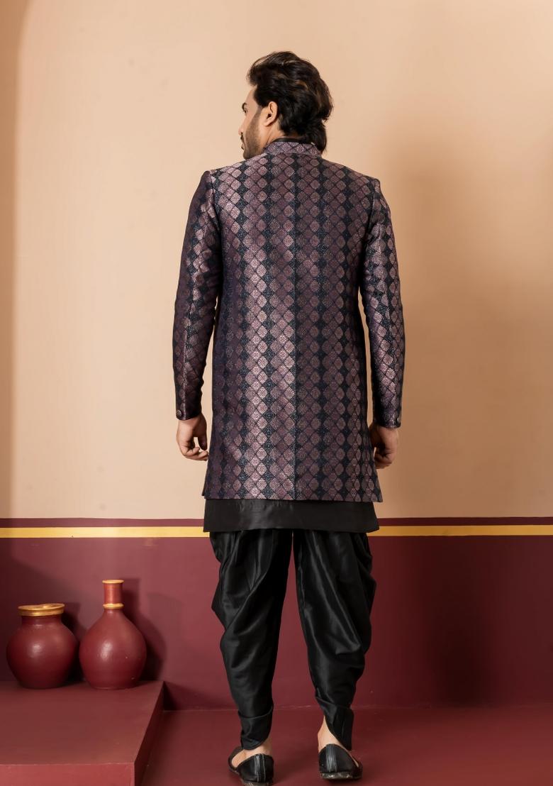 Black Embroidery Jacquard Sherwani Set For Men - Indya