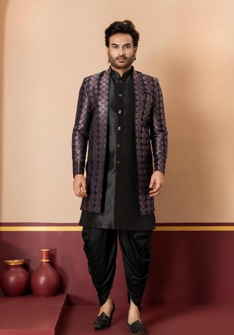 Black Embroidery Jacquard Sherwani Set For Men