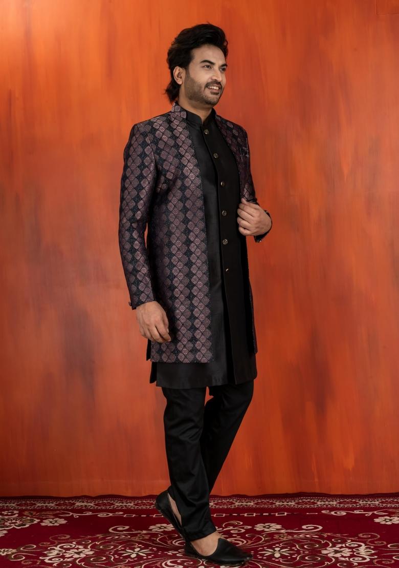 Black Embroidery Jacquard Sherwani Set For Men - Indya