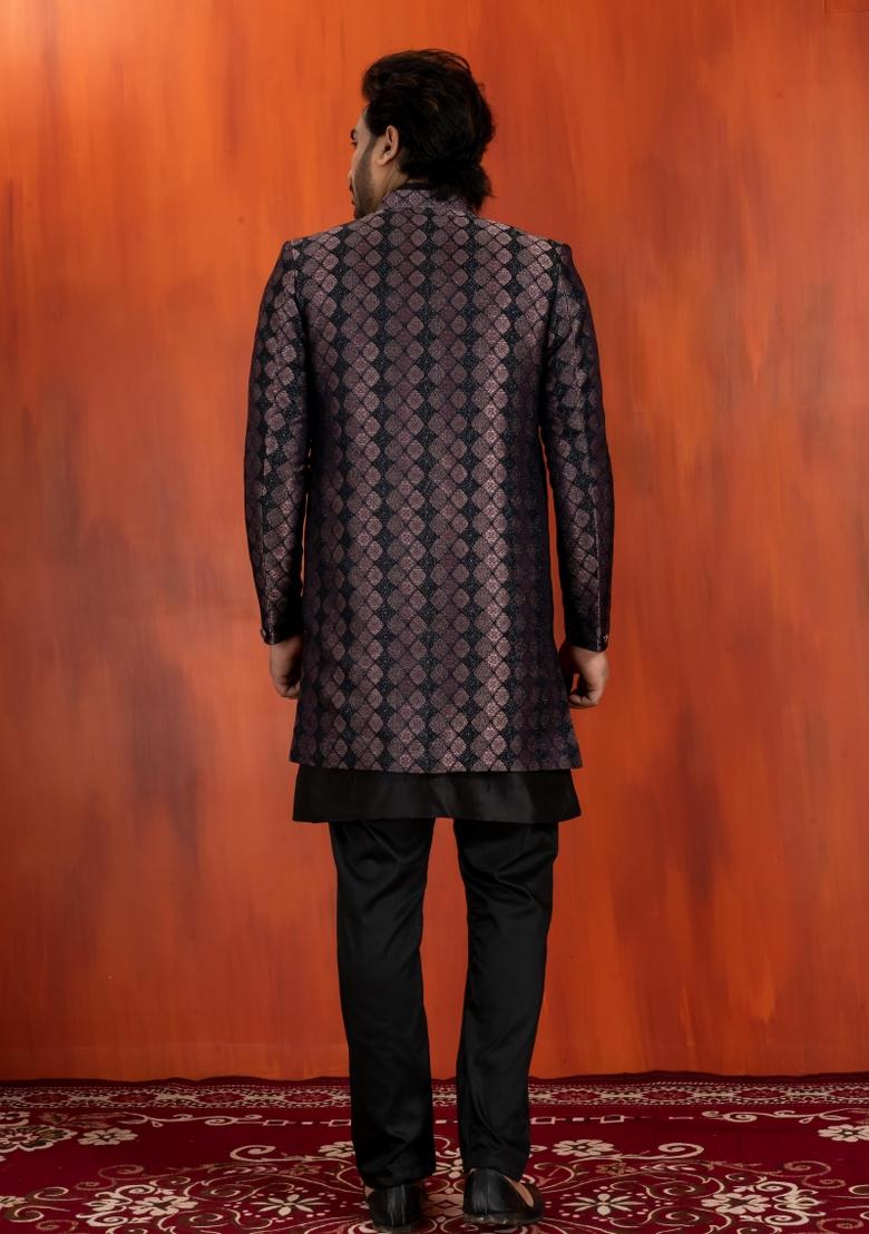 Black Embroidery Jacquard Sherwani Set For Men - Indya