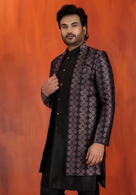 Black Embroidery Jacquard Sherwani Set For Men