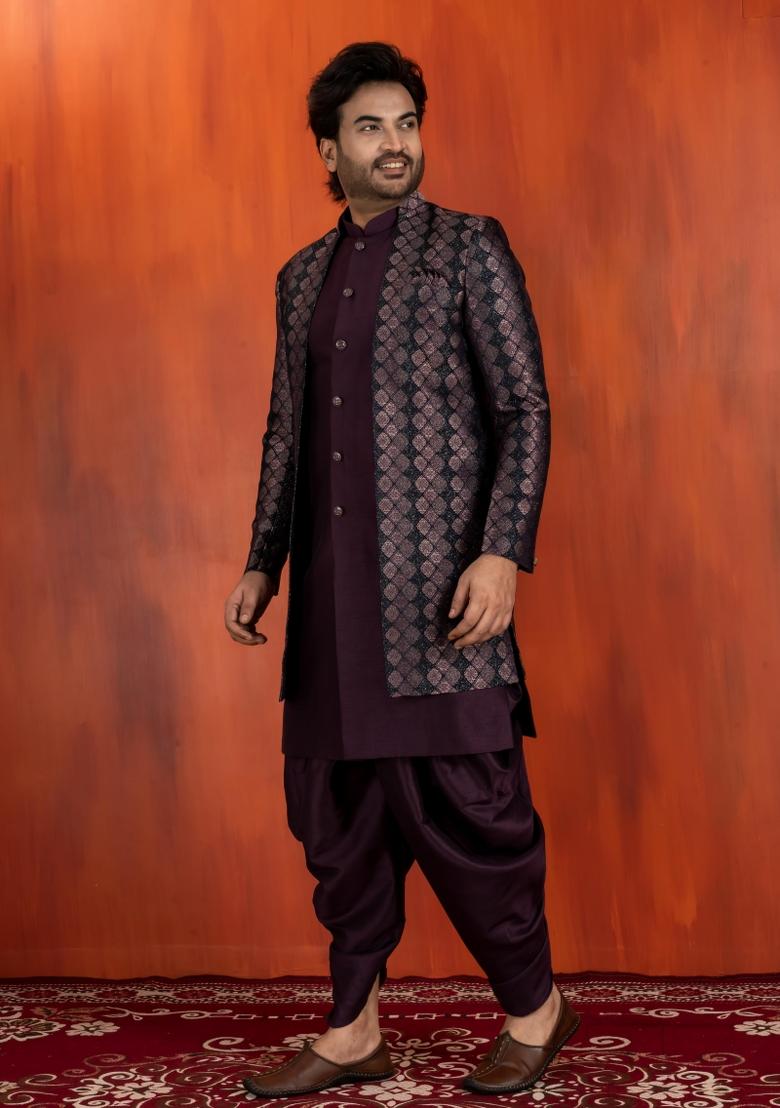 Black Embroidery Jacquard Sherwani Set For Men - Indya