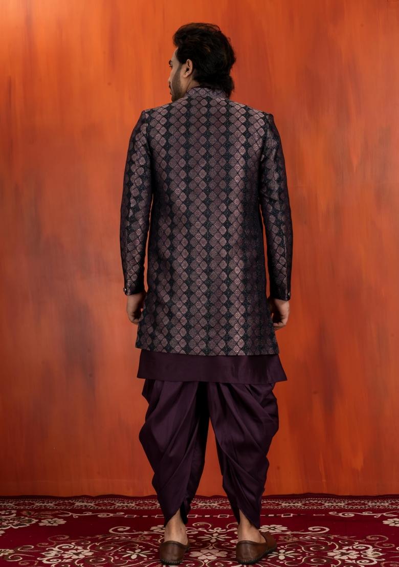 Black Embroidery Jacquard Sherwani Set For Men - Indya