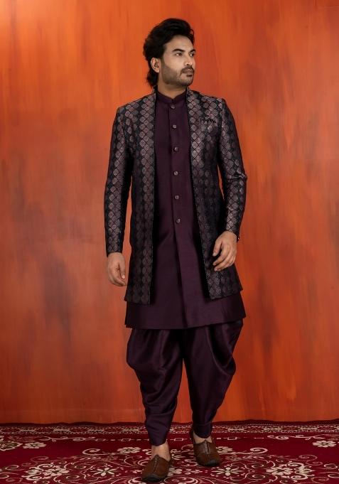 Black Embroidery Jacquard Sherwani Set For Men