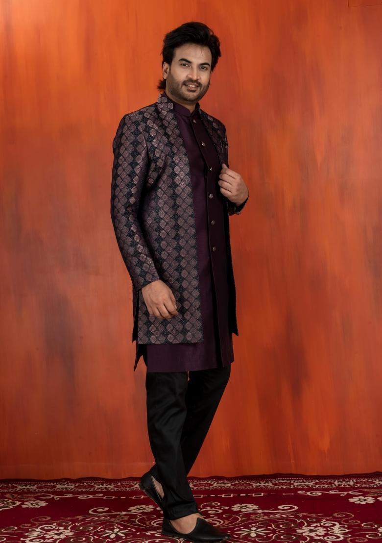 Black Embroidery Jacquard Sherwani Set For Men - Indya