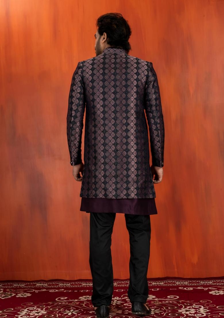 Black Embroidery Jacquard Sherwani Set For Men - Indya
