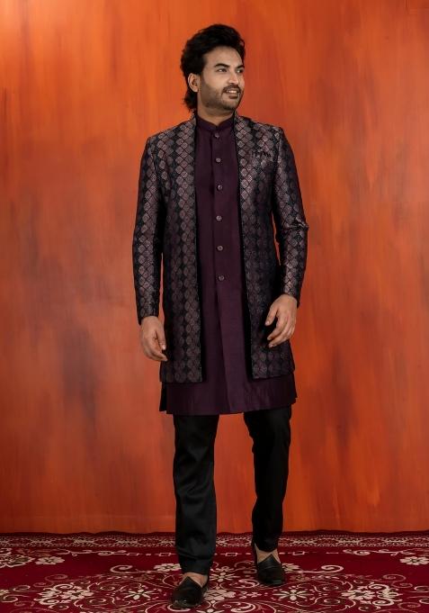Black Embroidery Jacquard Sherwani Set For Men