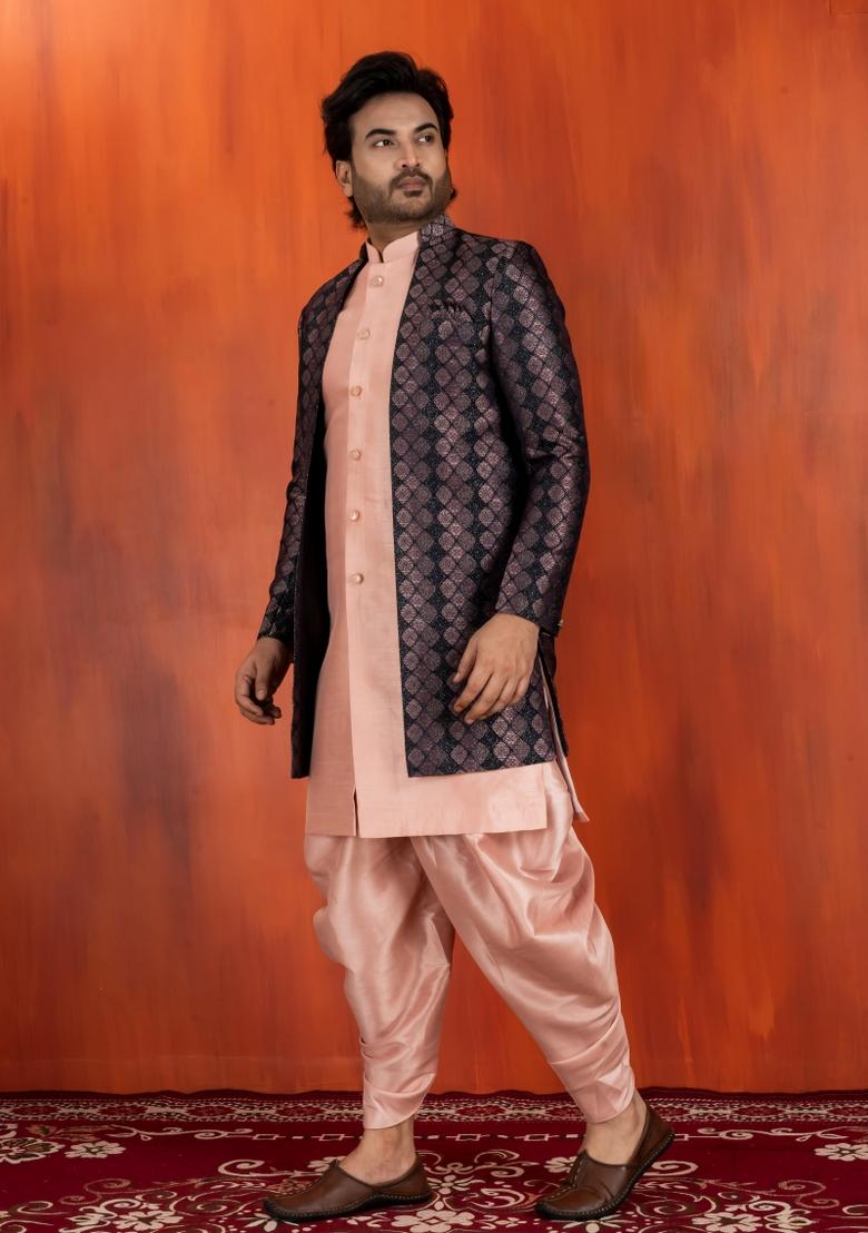 Black Embroidery Jacquard Sherwani Set For Men - Indya