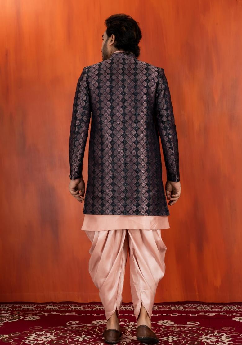 Black Embroidery Jacquard Sherwani Set For Men - Indya