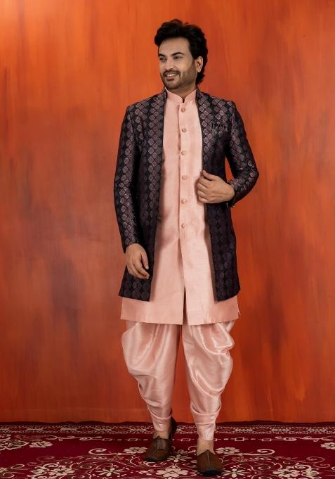 Black Embroidery Jacquard Sherwani Set For Men