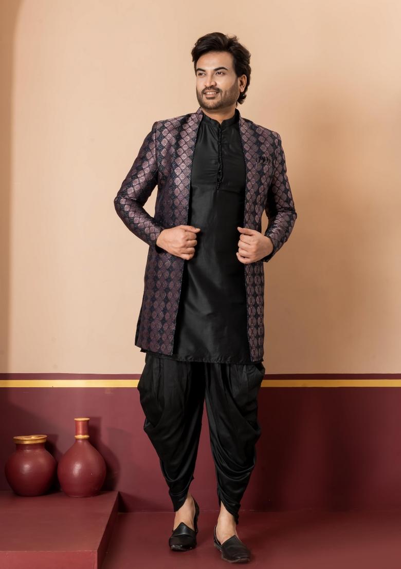 Black Embroidery Jacquard Sherwani Set For Men - Indya