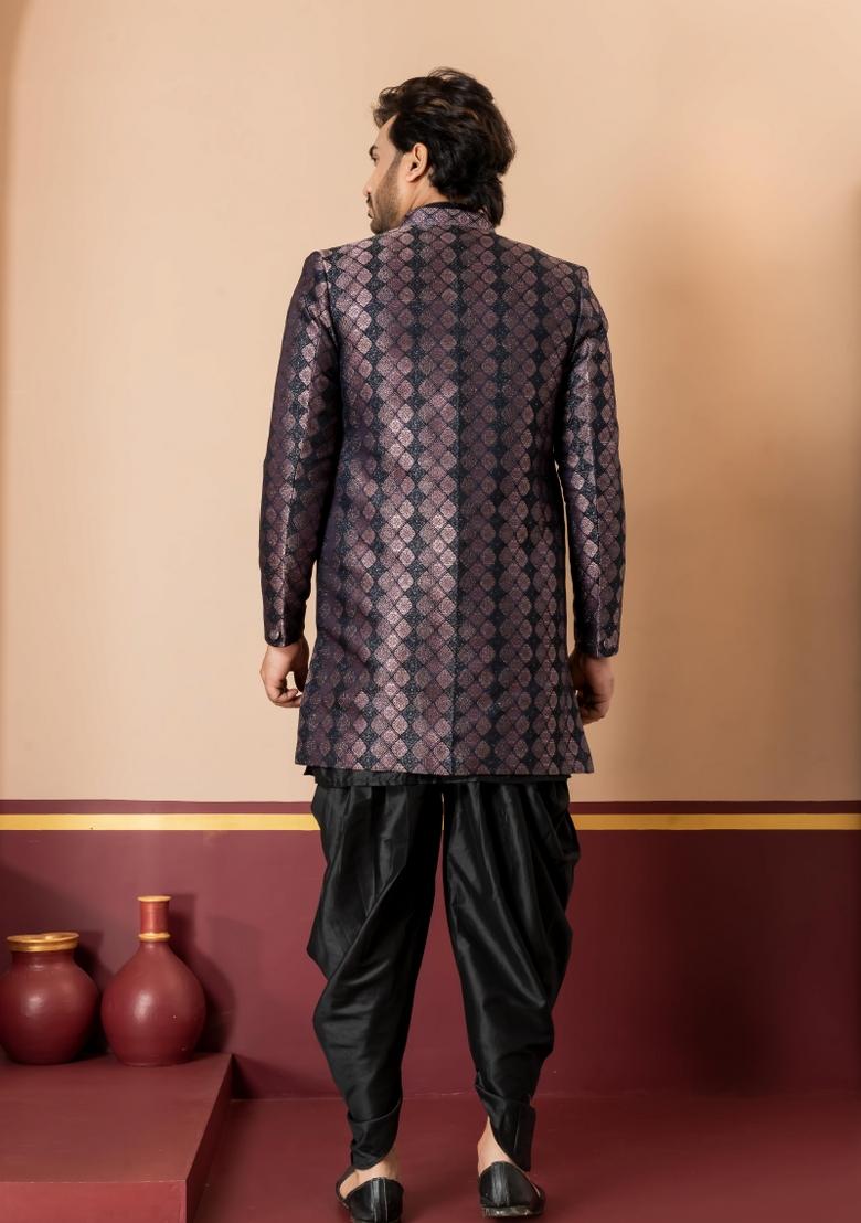 Black Embroidery Jacquard Sherwani Set For Men - Indya