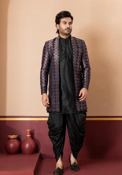 Black Embroidery Jacquard Sherwani Set For Men