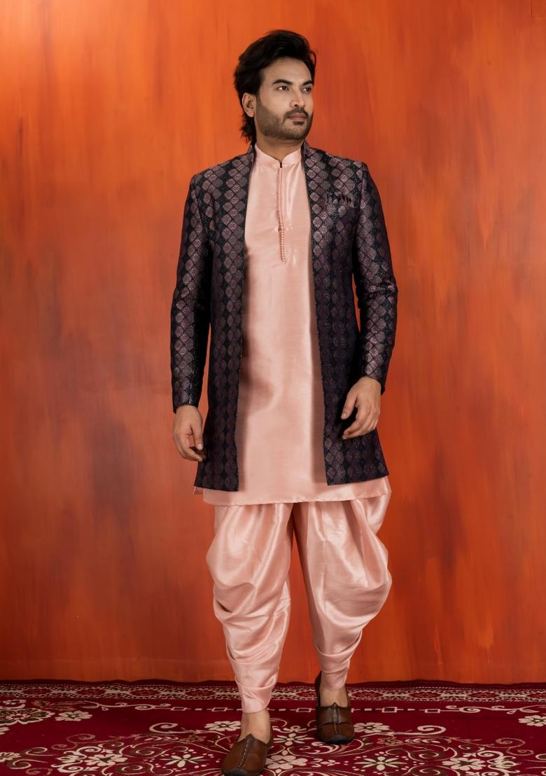 Black Embroidery Jacquard Sherwani Set For Men - Indya