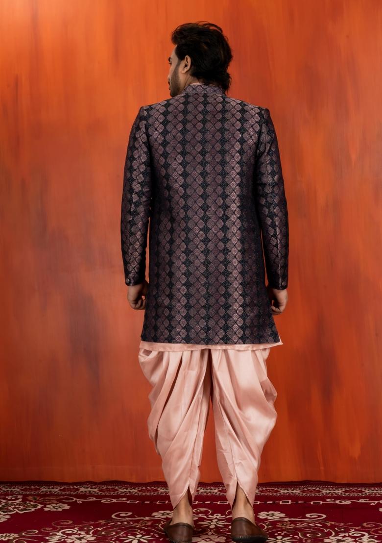 Black Embroidery Jacquard Sherwani Set For Men - Indya