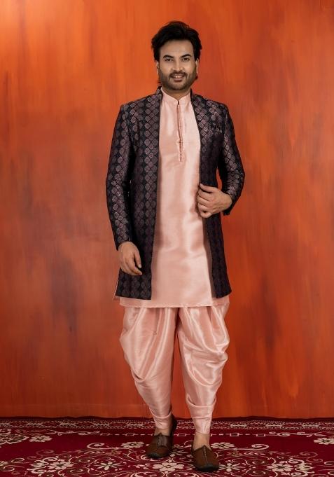 Black Embroidery Jacquard Sherwani Set For Men