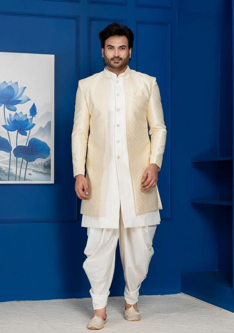 Golden Embroidery Jacquard Sherwani Set For Men - Indya