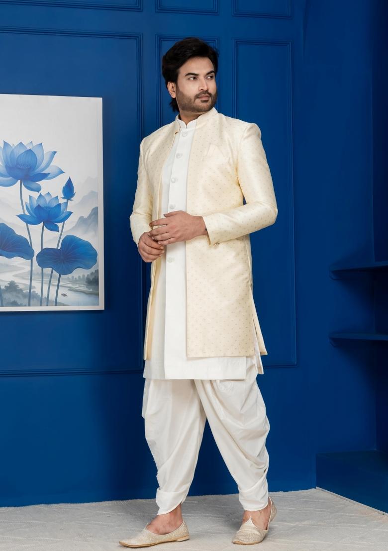 Golden Embroidery Jacquard Sherwani Set For Men - Indya