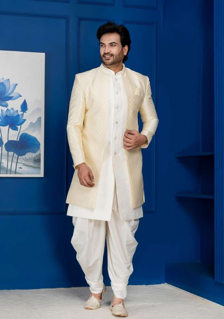 Golden Embroidery Jacquard Sherwani Set For Men - Indya