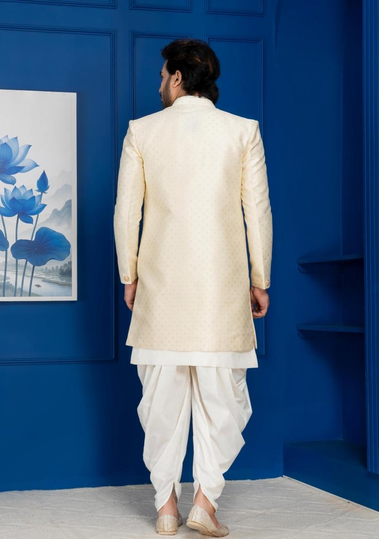 Golden Embroidery Jacquard Sherwani Set For Men - Indya