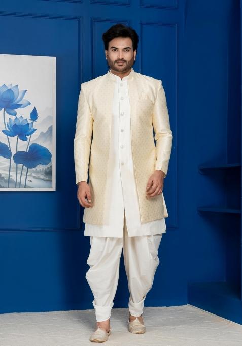 Golden Embroidery Jacquard Sherwani Set For Men