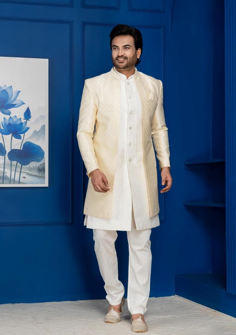 Golden Embroidery Jacquard Sherwani Set For Men - Indya