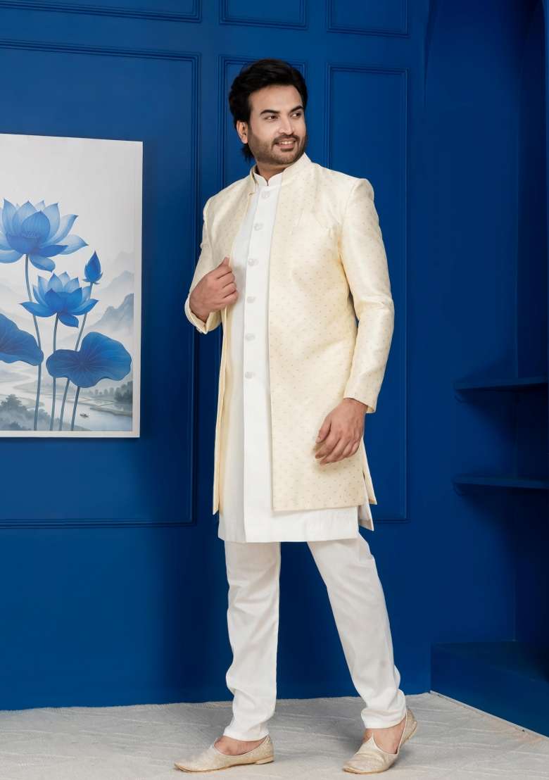 Golden Embroidery Jacquard Sherwani Set For Men - Indya