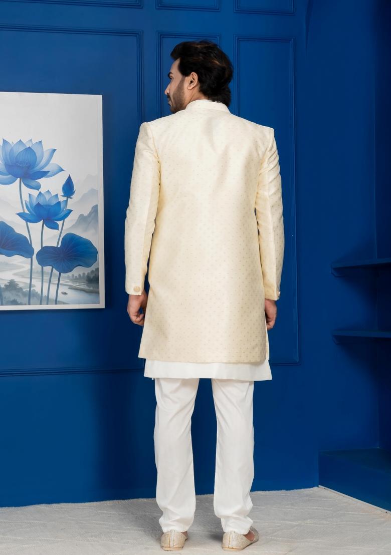 Golden Embroidery Jacquard Sherwani Set For Men - Indya