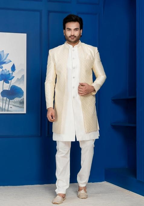 Golden Embroidery Jacquard Sherwani Set For Men
