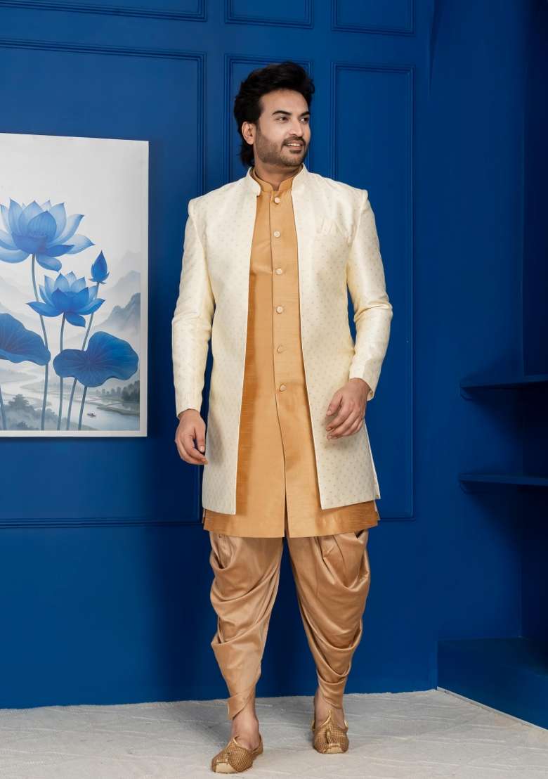 Golden Embroidery Jacquard Sherwani Set For Men - Indya