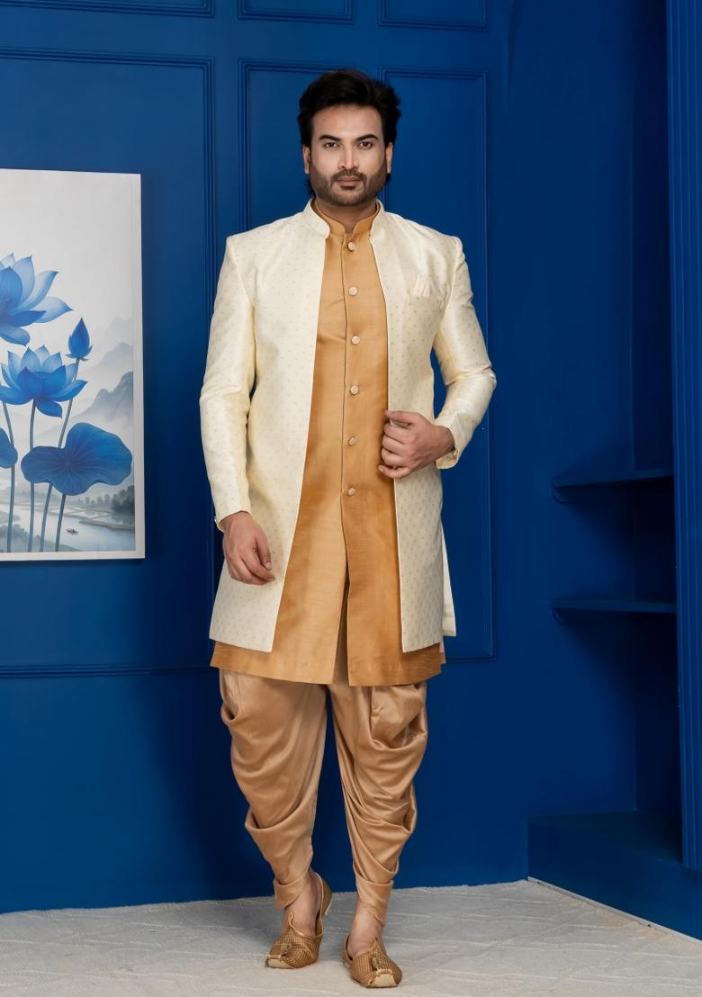 Golden Embroidery Jacquard Sherwani Set For Men - Indya