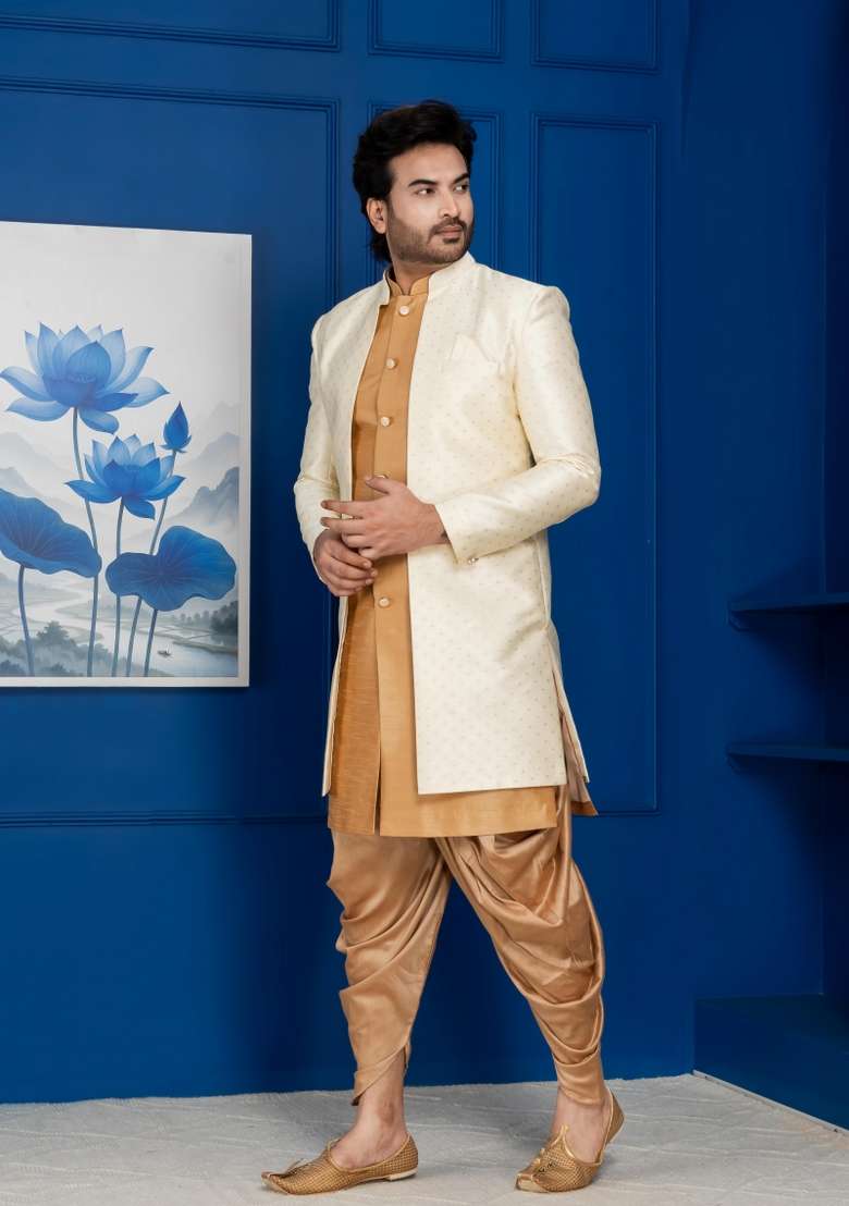Golden Embroidery Jacquard Sherwani Set For Men - Indya