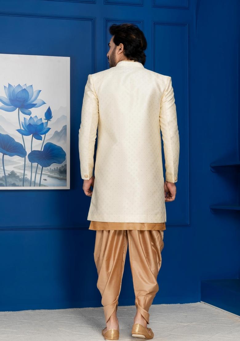 Golden Embroidery Jacquard Sherwani Set For Men - Indya