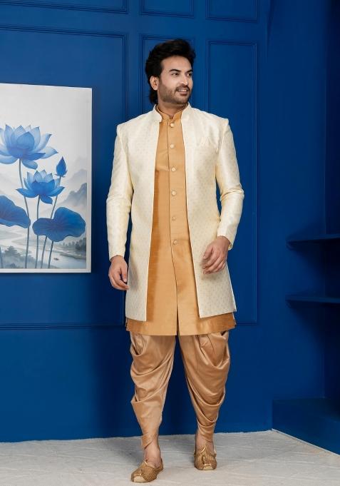 Golden Embroidery Jacquard Sherwani Set For Men