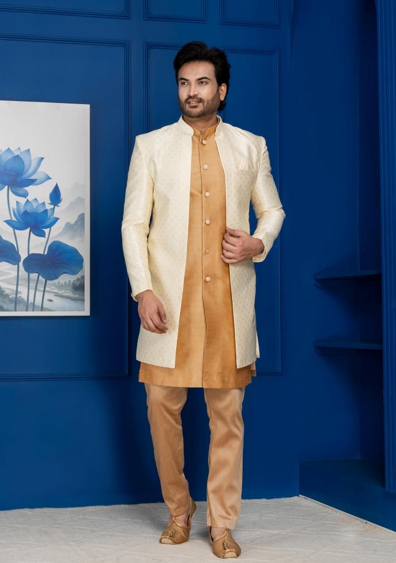 Golden Embroidery Jacquard Sherwani Set For Men - Indya