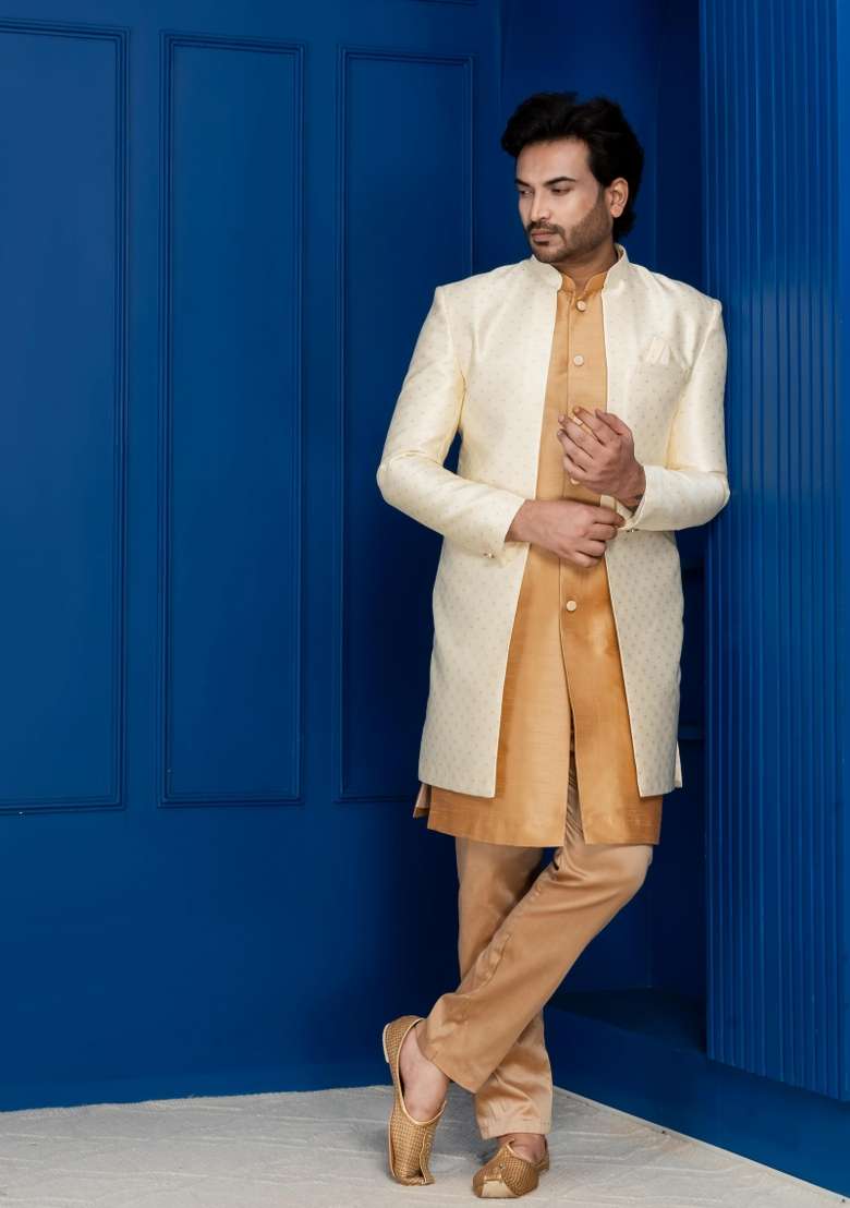 Golden Embroidery Jacquard Sherwani Set For Men - Indya