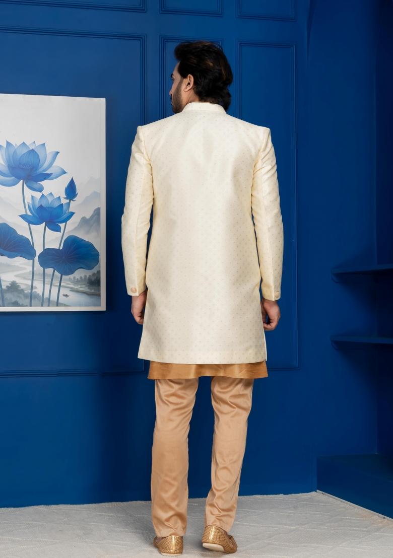 Golden Embroidery Jacquard Sherwani Set For Men - Indya