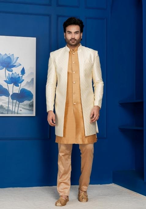Golden Embroidery Jacquard Sherwani Set For Men