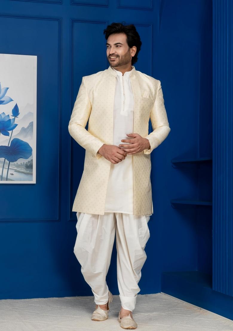 Golden Embroidery Jacquard Sherwani Set For Men - Indya